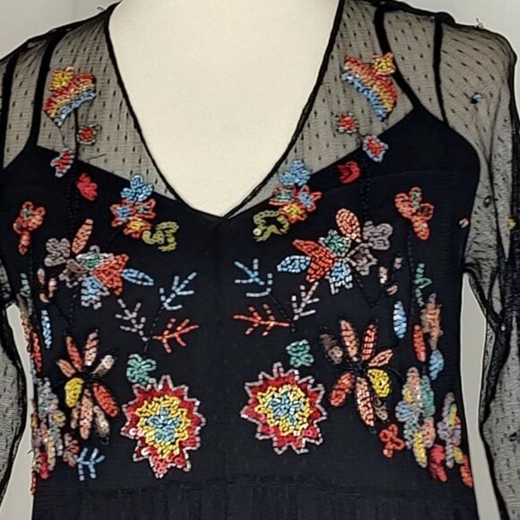 ZARA Dress S Black Floral Beads and Sequins Mesh Sheer Midi Long Sleeve Plumeti - Picture 4 of 15